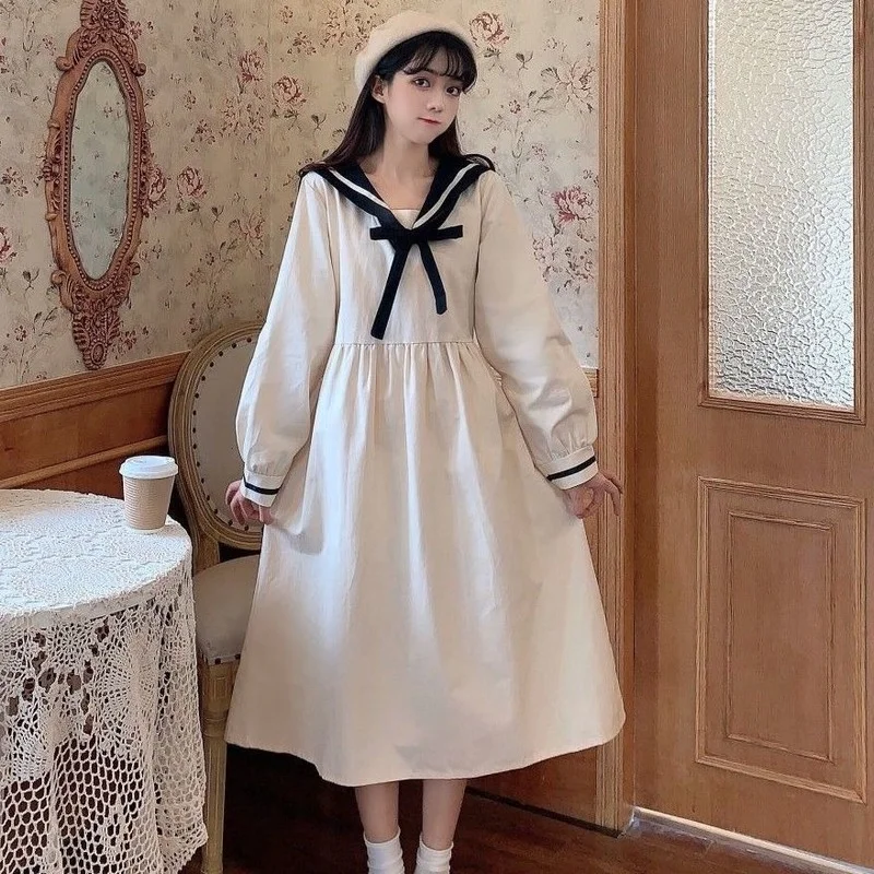 

QWEEK Japanese Harajuku Kawaii Dress Women Preppy Style Sweet Cute Lolita Dress Sailor Collar Korean Fashion 2022 Spring