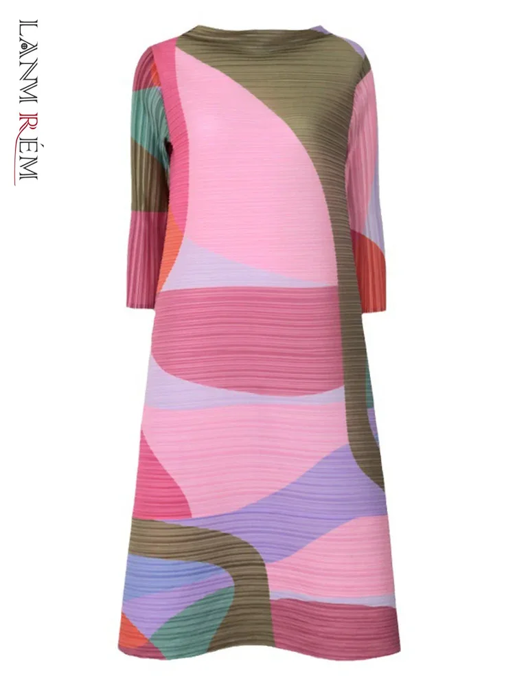 Платье женское Плиссированное средней длины с круглым вырезом и принтом