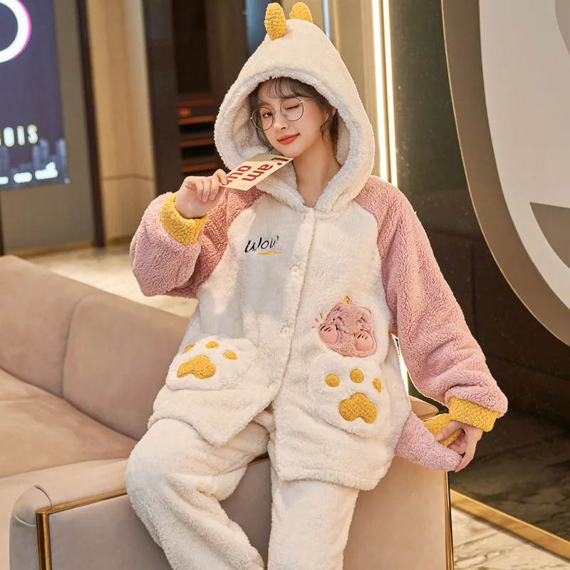 FUNISHI Winter Pajamas Plus Size 3XL Women's pajamas Plush Loose Version Hooded Pajama Set Cartoon Inspissate пижама женская