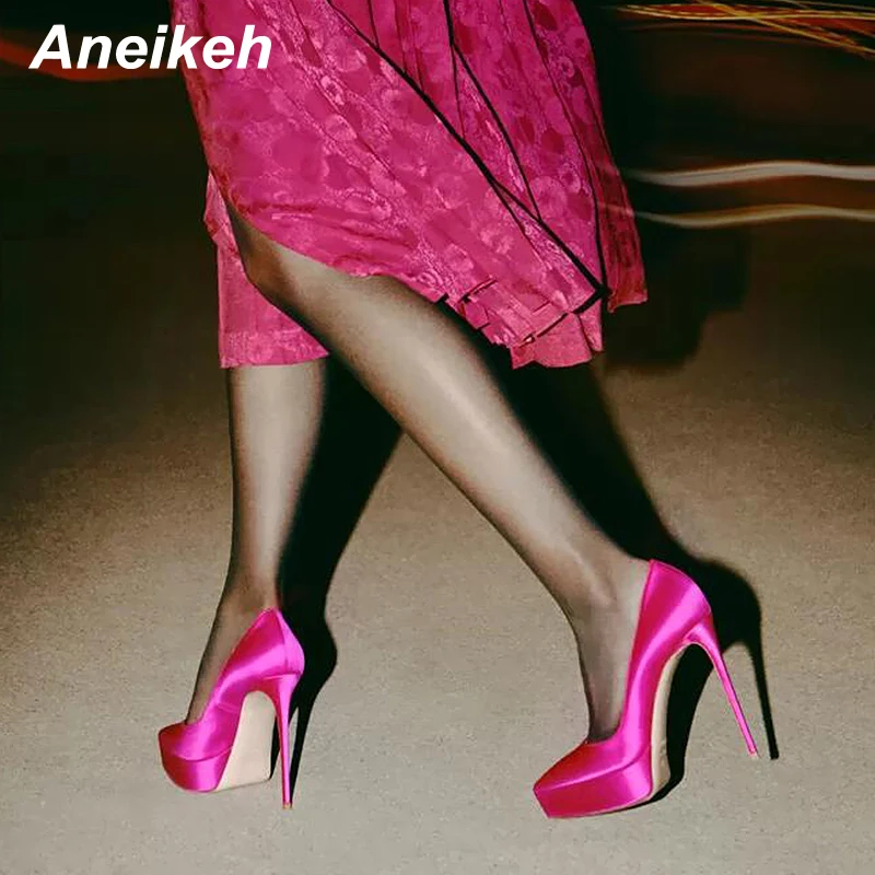 

Aneikeh 2024 Fashion Sexy Pointed Platform Super High Heels Women's Spring/Summer Silk Pumps Party Nightclub Zapatos Mules 35-42