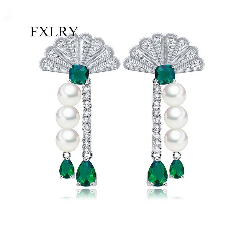 

FXLRY Luxury Unique Umbrella Shape Statement Imitation Pearl Dangle Drop Earrings for Women Green CZ Girl Party Gift