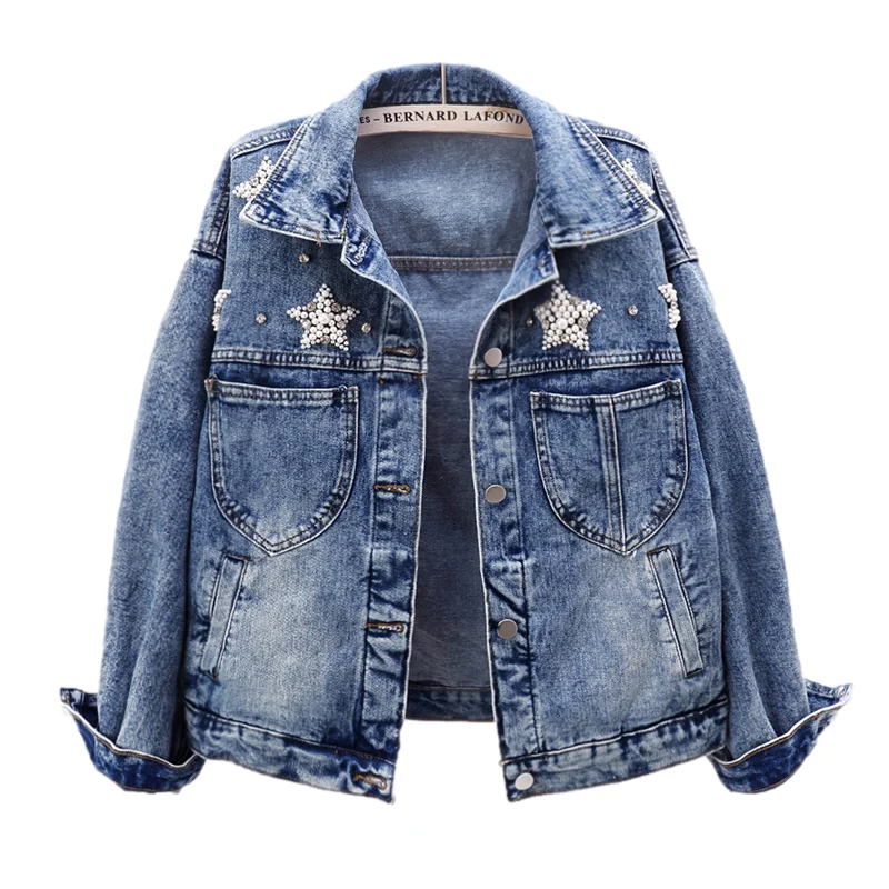 

Vintage Blue Heavy Work Beading Diamonds Denim Jacket Women Slim Short Cowboy Outerwear Korean Big Pocket Jeans Jackets Female
