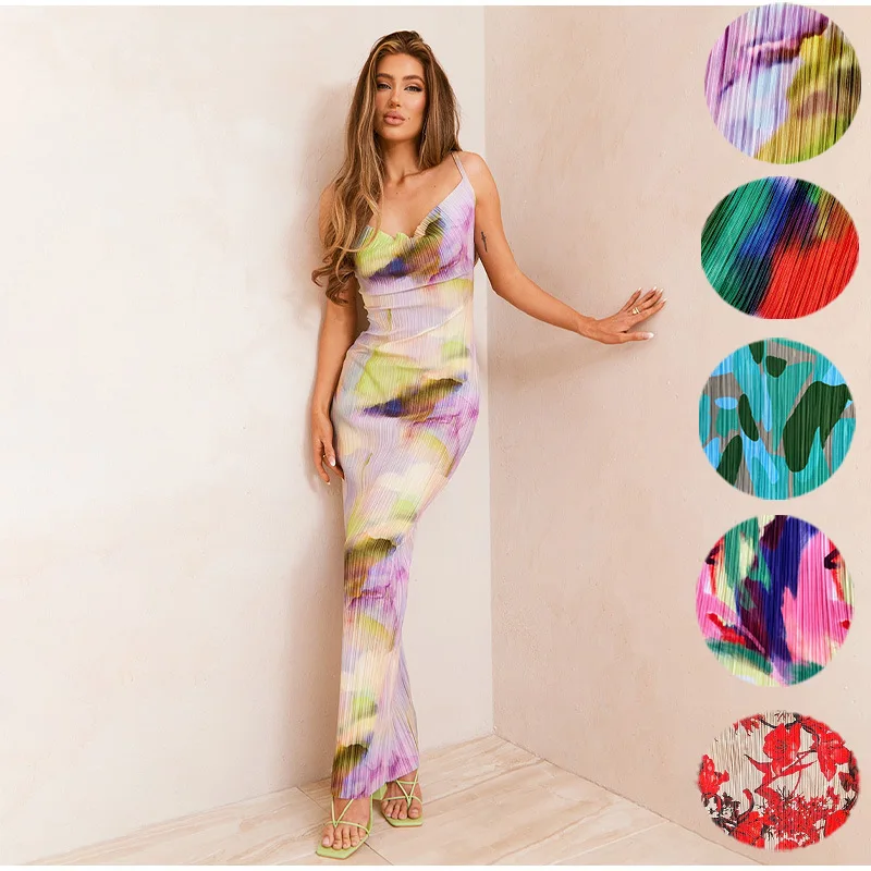 

Dresses For Women 2023 Summer Eleagnt Tie-dyed Printed Pleated Maxi Camisole Sling Printting Backless Dress Lady Outwear Vestido