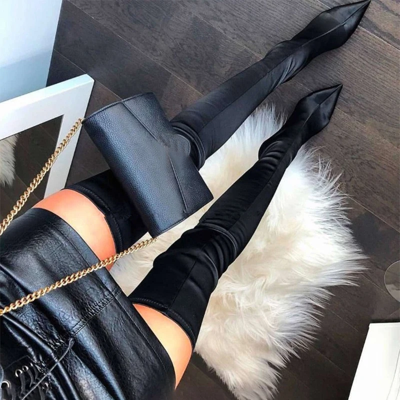 

Silk Over-the-knee Women's Boots Solid Color Pointed Toe High-heeled Boots Autumn and Winter Women's Shoes Botas De Mujer