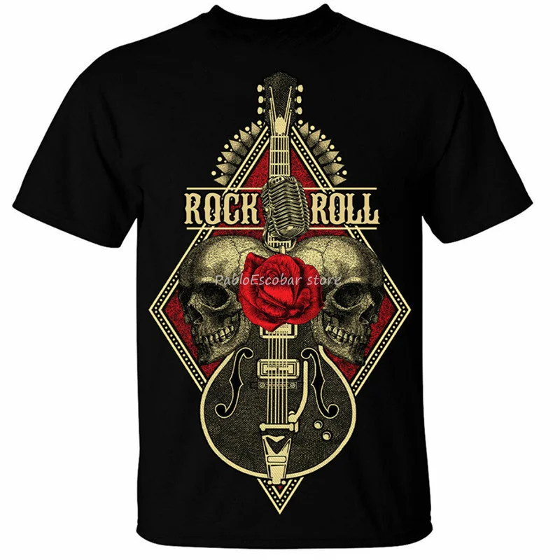 

men cotton tshirt Rock N Roll Guitar T-Shirt Mens Skull Metal Band Death Heavy Music Guitarist Harajuku Funny Tee Shirt