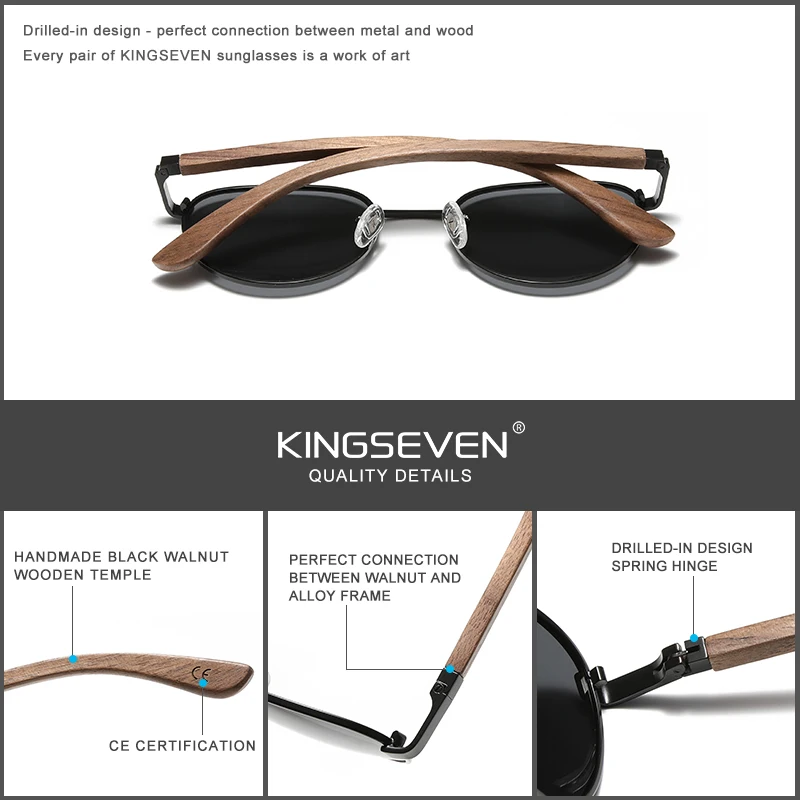 KINGSEVEN 2022 Black Walnut Wooden Sunglasses For Men Polarized UV400 Protection Round Lens Retro Eyewear Women Handmade Glasses