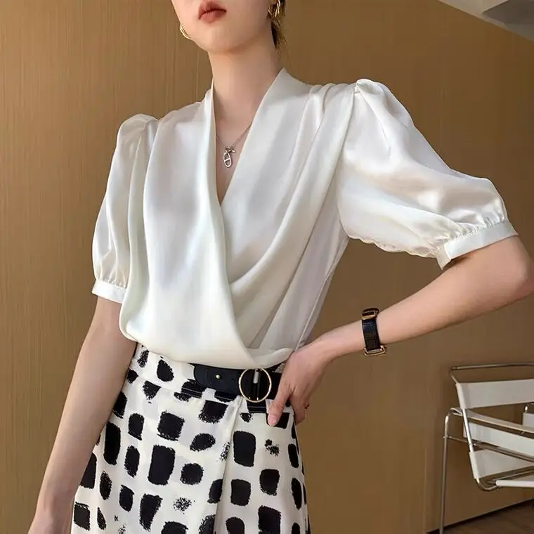 

2022 весенний винтажный укороченный женский офисный Белый Элегантный Ацетатный Атласный топ с рукавом до локтя блузка Рубашки из ледяного шелка