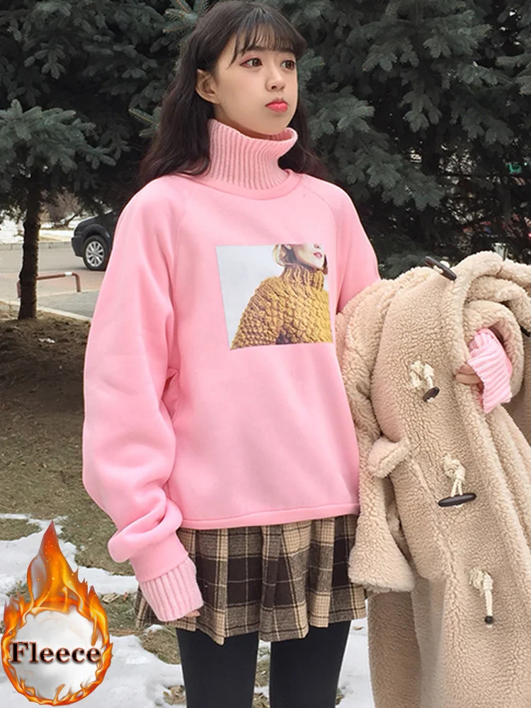 

Повседневная Толстовка harajuku с длинным рукавом для молодых девушек, бархатная водолазка, толстовки, зимние толстовки оверсайз из овечьей шерсти, женская одежда