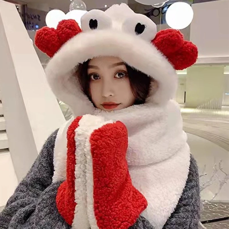Trendy Women Plush Hats Gloves Scarf 3in1 Suit Cartoon Bunny Ear Shape Warmth Hats  Adults Winter Hat for Teenagers
