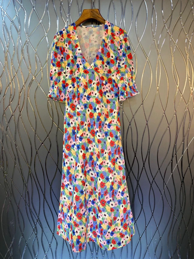 2023 new women fashion short sleeve V-neck colorful floral slim fairy long dress dress 325