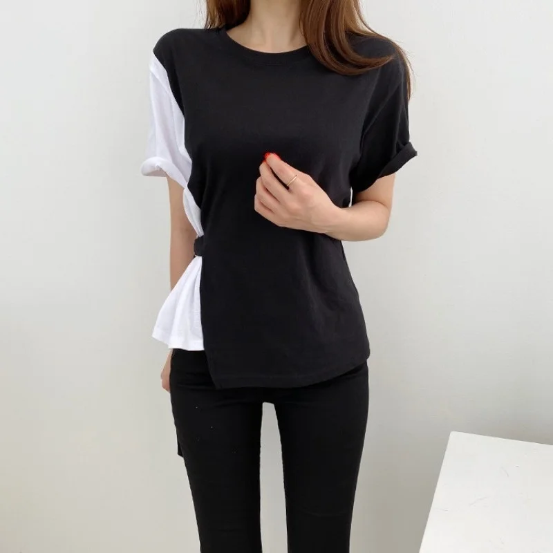 

Женская футболка с застежкой на талии, необычная футболка с цветными вставками, лето 2022