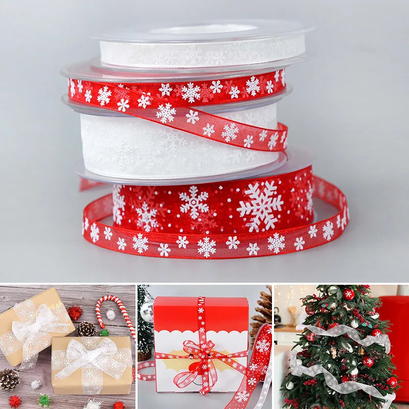 

Christmas Gift Wrapper Ribbon Crystal White Snowflake Tape for Christmas Present Packaging Xmas Tree Decorative Ribbon 2023