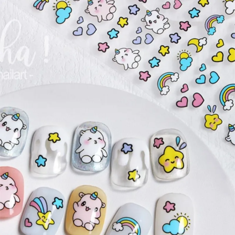Новые наклейки для ногтей единорог медведь кролик облако улыбающееся лицо