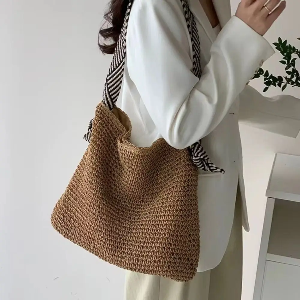 

Straw Woven Tote Bags Casual Zipper Large Capacity Handbags Shoulder Bag Beach