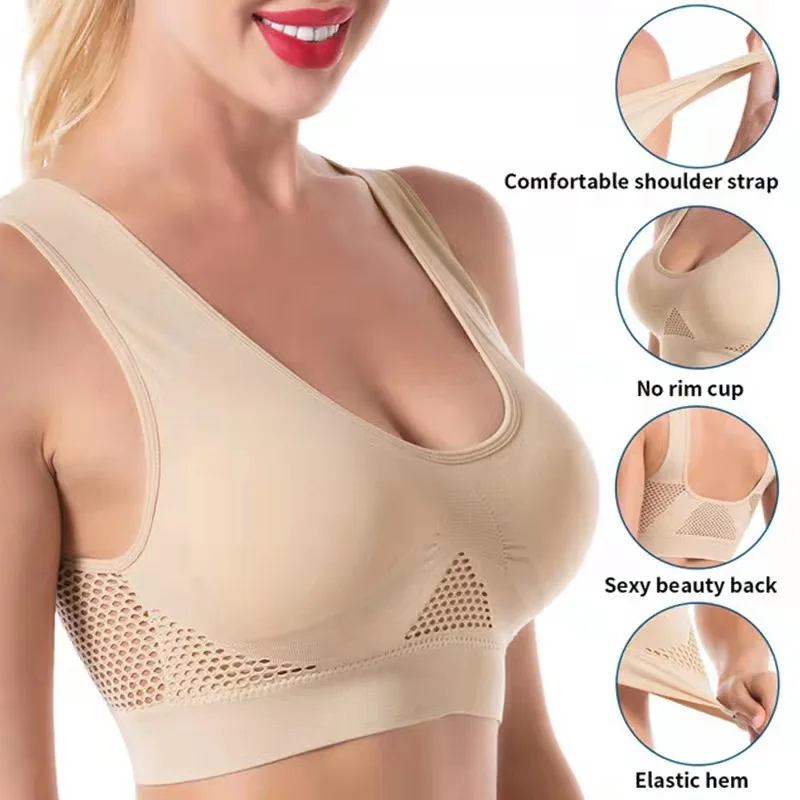 

S-6XL Plus Size Sports Bras For Women Unwired Bras Wireless Sexy Backless Push Up Seamless Mesh Top Bra Without Bones Frame Bras