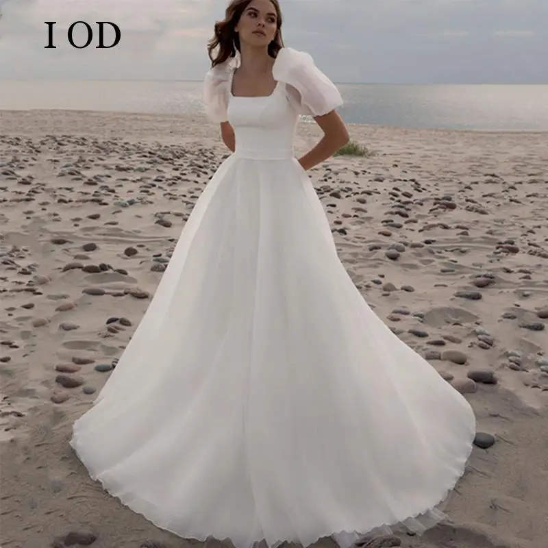 

I OD Puff Sleeve Beach Wedding Dress 2022 Elegant Square Neck A Line Tulle Bridal Gown For Women Vestido De Novia Custom Made