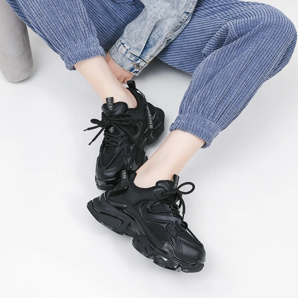 SOMILISS Women Chunky Platform Sneakers Genuine Leather Mesh Patchwork Lace Up Comfortable Ladies Fashion Casual Running Shoes