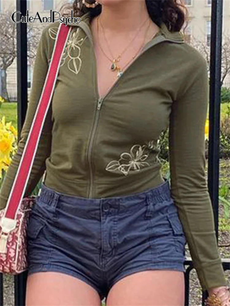 

Cuteandpsycho Floral Embroidery Cute Y2K Jacktes Zip Up Harajuku Retro Green Women Coats Aesthetic Long Sleeves Fashion Clothes