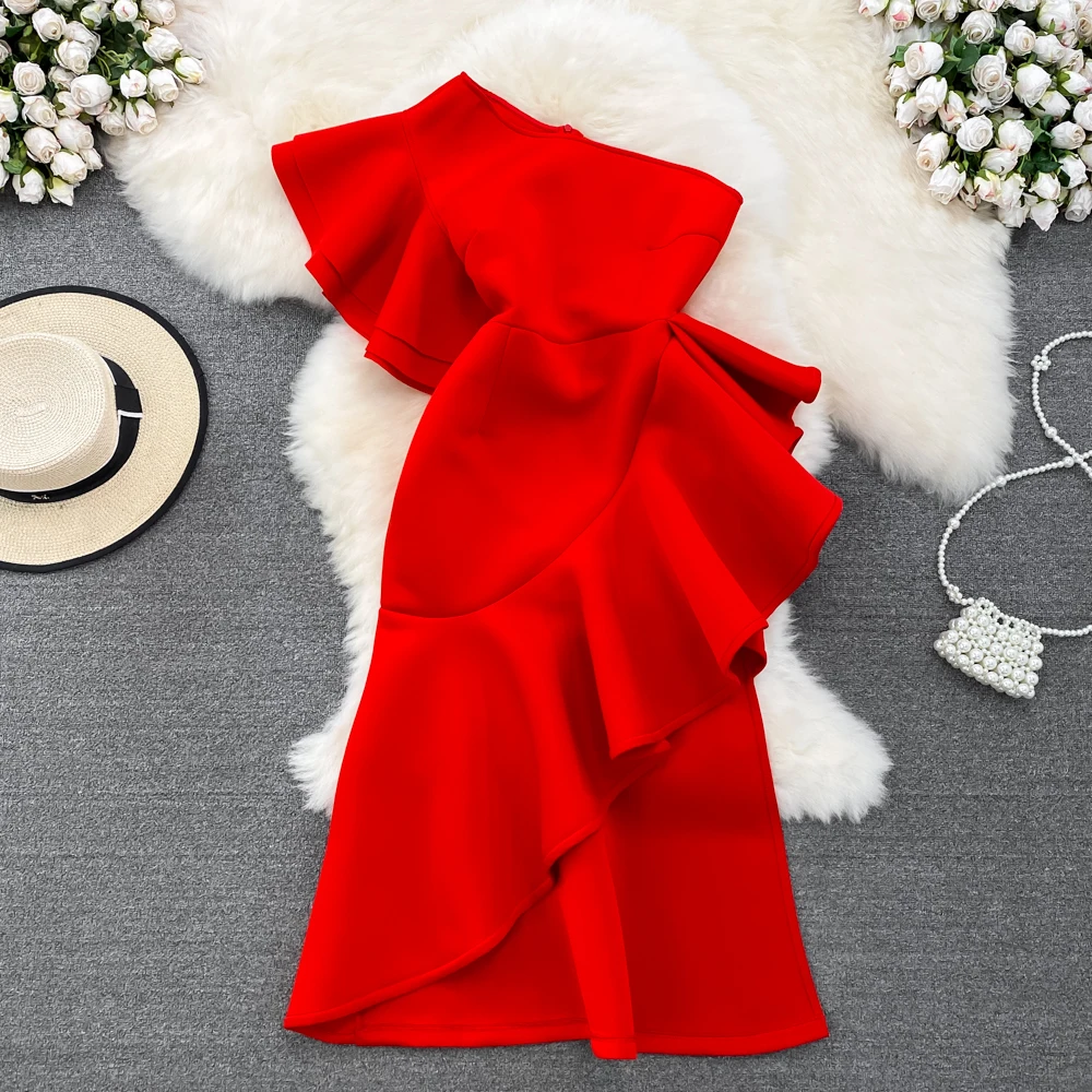 

Spring Autumn Elegant Evening Party Midi Dress for Women One-Shoulder Ruffles Sexy Female Robe Patchwork Red/White/Black New In