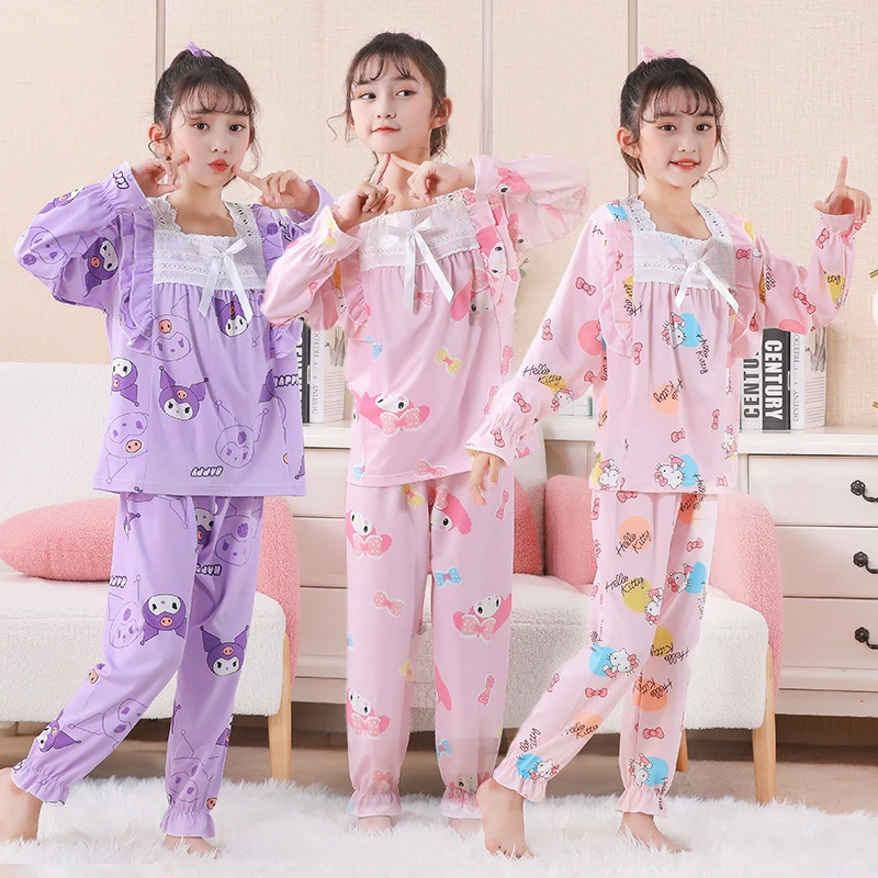 

Kawaii Sanrio Cinnamoroll Pajamas Sets Kuromi Cartoon Cute Student Long Sleeve Long Pants Home Clothes Softness Piece Set Girls