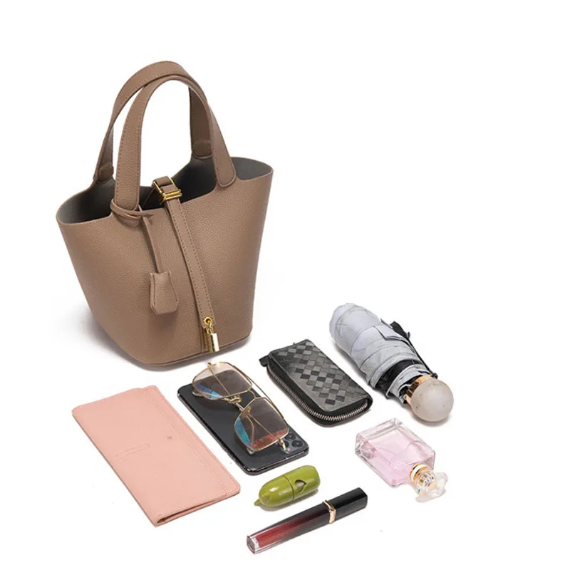 Versatile Casual Women's Bucket Bag Solid Color PU Leather Handbags Commuting Shopping Simple Shoulder Bags 2023 New Designer