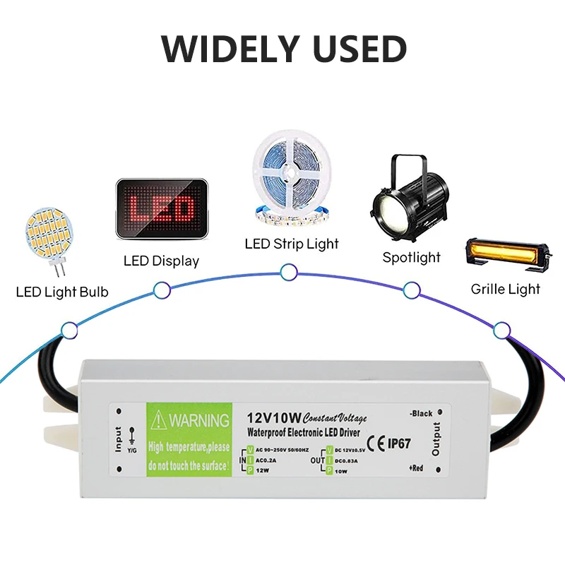 Lighting Transformer 90-250V AC to DC 12V 10W 0.83A LED Driver Adapter Aluminum IP67 Outdoor Waterproof Switching Power Supply |