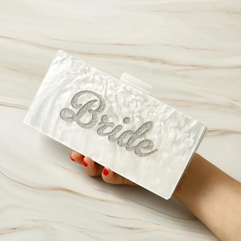 

Pearl White Silver Small Glitter Bride Name Letter Acrylic bags For Women Small Chain Handbag small bag Hand Bag Lady Evening