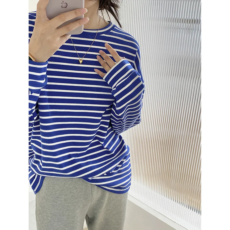 

Women Long Sleeve Striped T-shirt 2022 Autumn Round Neck Loose Casual Oversized T-shirts 95% Cotton Pullovers Tops Blue