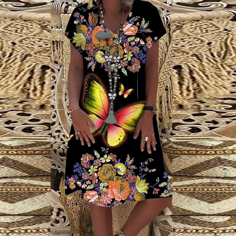 

New Fashion Women's Butterfly Floral Pattern Casual Loose Short Sleeve Dress Soft and Thin Plus Size V-neck Dress for Summer