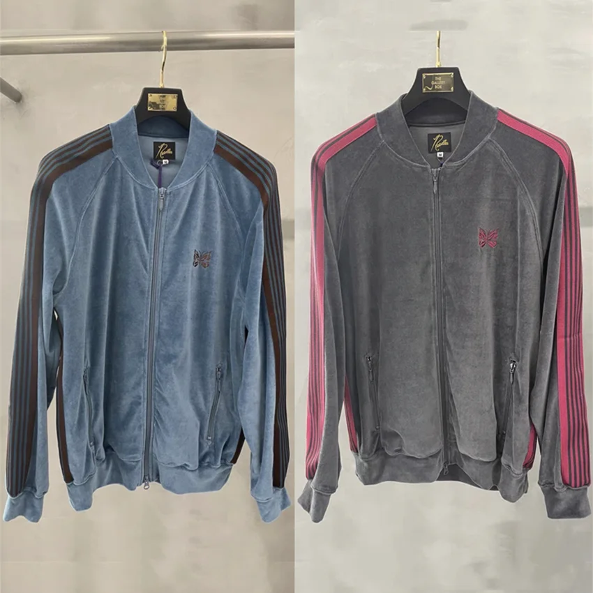 

Velvet Stripe Needles Jacket Men Women Butterfly Embroidery Coat AWGE Outerwear