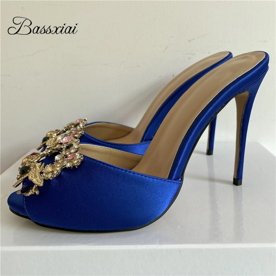 

Женские мюли Lazyman с открытым носком, металлические туфли с кристаллами, тонкий высокий каблук 10 см, пикантные Роскошные атласные сандалии на ремешке с ремешком на пятке