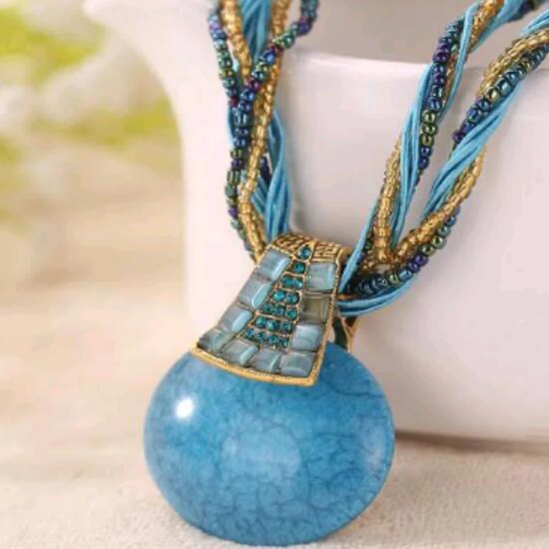 

Bohemian Statement Beaded Vintage Jewelry Turquoise Rhinestone Vintage natural stone Necklace for Women Pendent Collar Necklace
