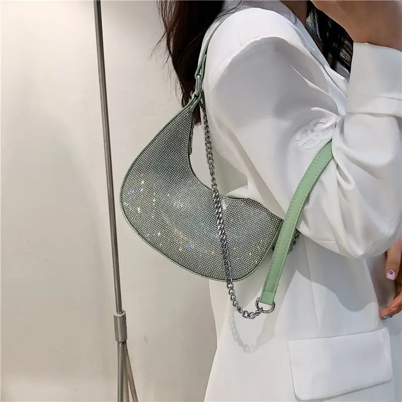 

2022 small Design Shoulder Bags for Women Blingbling Rhinestone Underarm Bag Female Luxury Chain Halfmoon Shiny Handbag Clutch