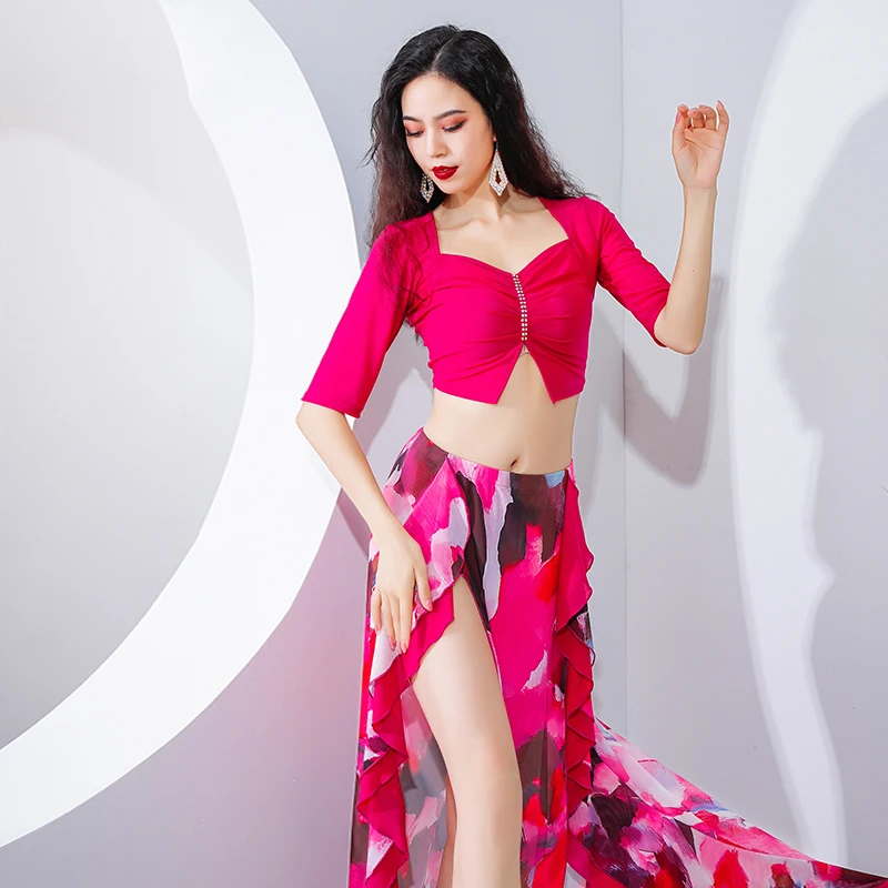 

Aldult Oriental Practice Wear Set Printing Performance Dancing Women Bellydance Belly Dance Costume New Top Split Long Skirt Set