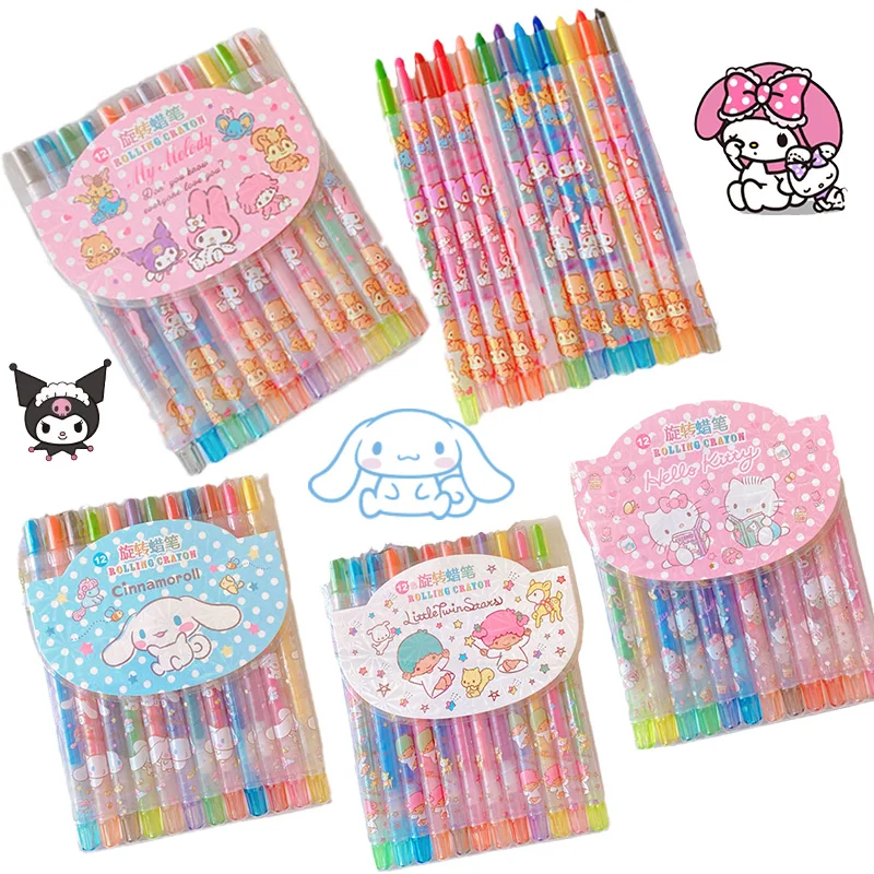 

Sanrioed Cartoon 12 Colors Long Rotating Crayons Kawaii Cinnamoroll MyMelody Kuromi Kitty Painting Coloring Pens Oil Pastels