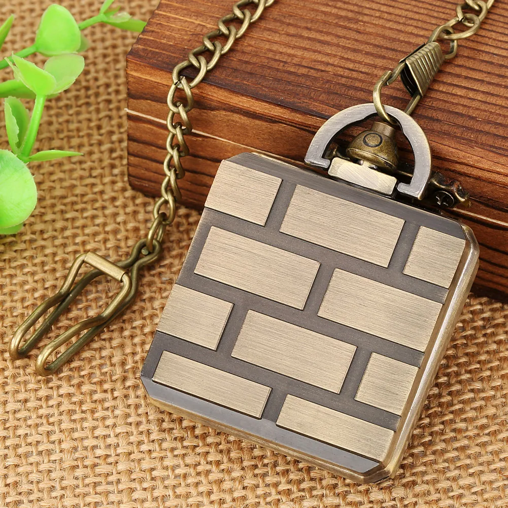 New Quartz Pocket Watch Pendant Creative Square Fun Question Mark Pattern Bronze Fob Watch Necklace Analog Clock Gift for Men