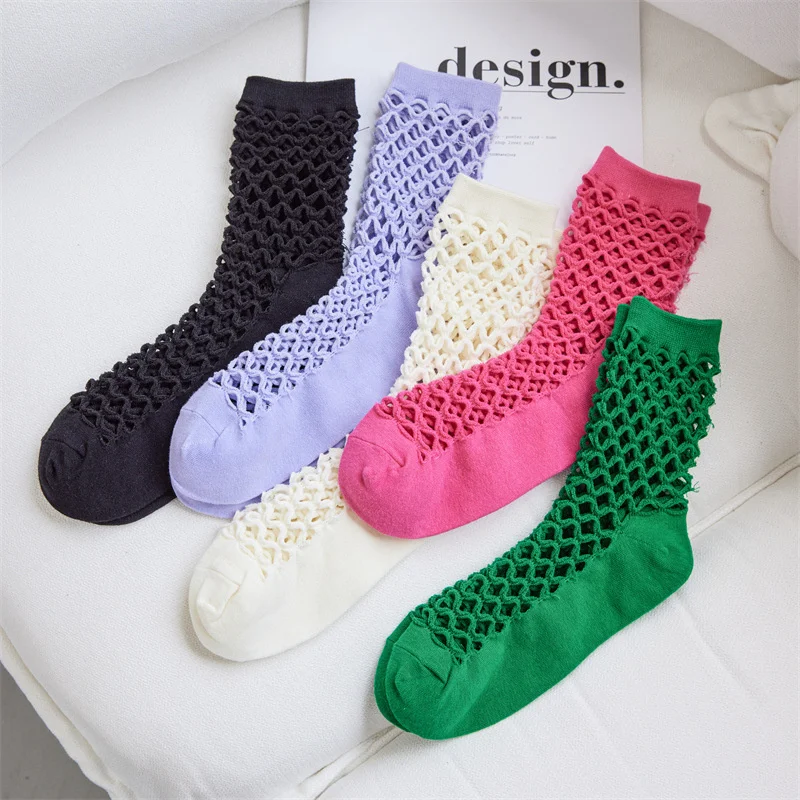 SP&CITY Korean Fashion Summer Mesh Fishnet Socks Women's Colored Trend Hollow Out Harajuku Socks Hipster Breathable Short Sock