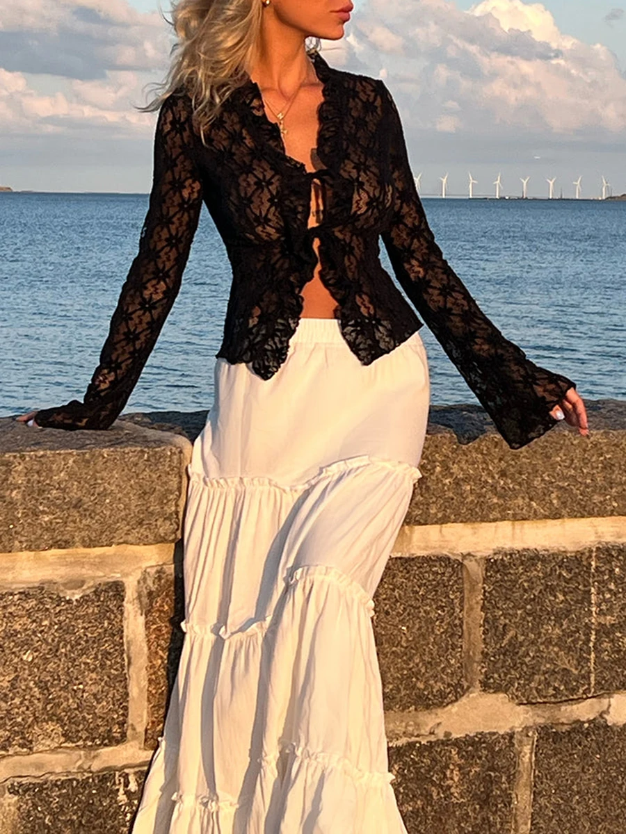 Осенняя женская блузка кружевные топы с цветочным принтом расклешенные длинными