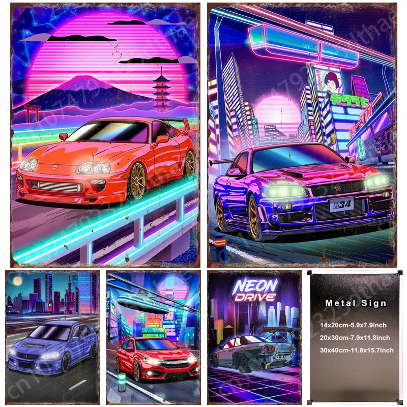 

Japanese Neon Car Metal Tin Sign Cars Club Cafe Mall Garage Wall Decor Art Posters Vintage Home Bedroom Living Room Decoration