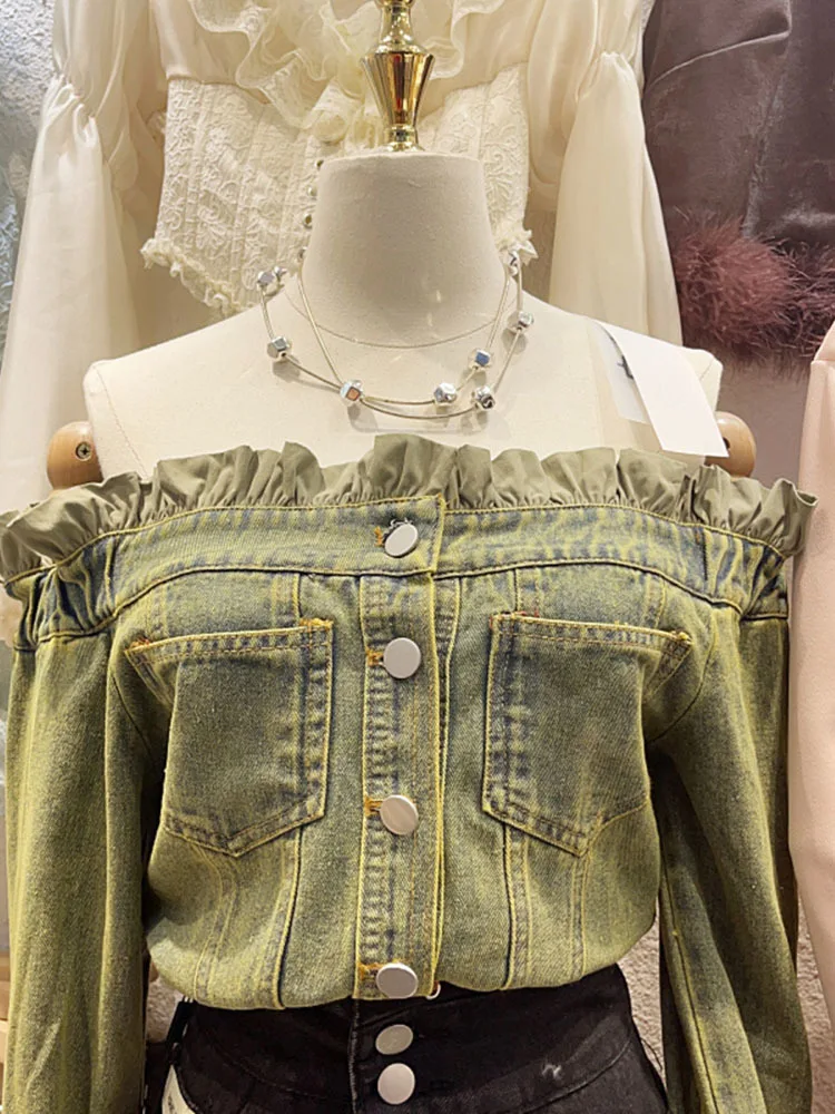 2024 джинсовая куртка Slah с открытыми плечами и длинными рукавами повседневные