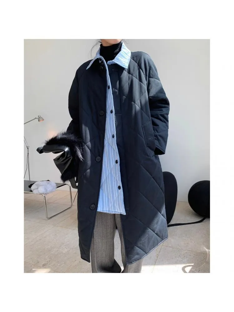 2022 Winter Fashionable Retro Stitching Color Contrast Quilted Long Parka Women Lapel Cotton-Padded Warm Jacket Loose Thick Coat