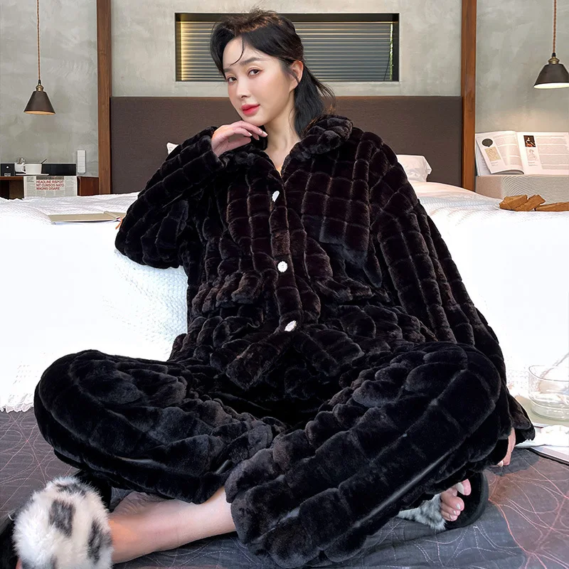 Women Nightgown Pijamas Black Flannel Pajamas Winter Long Sleeve Pyjamas Sets Thick Warm Sleepwear