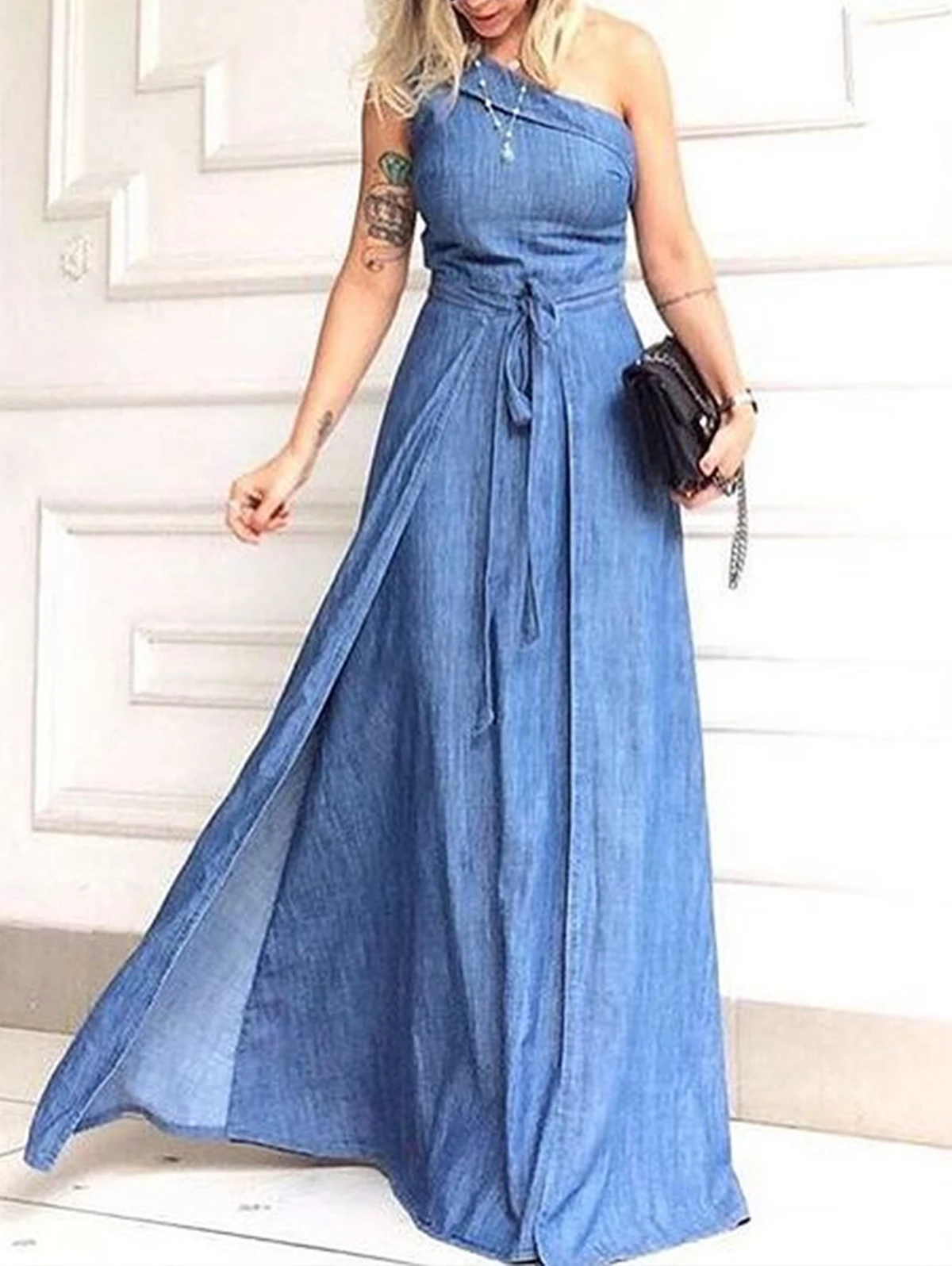 

Women Summer Fashion Plain Oblique Shoulder Sleeveless Spliced Denim Maxi Dress Party Loose Sleeveless Dresses