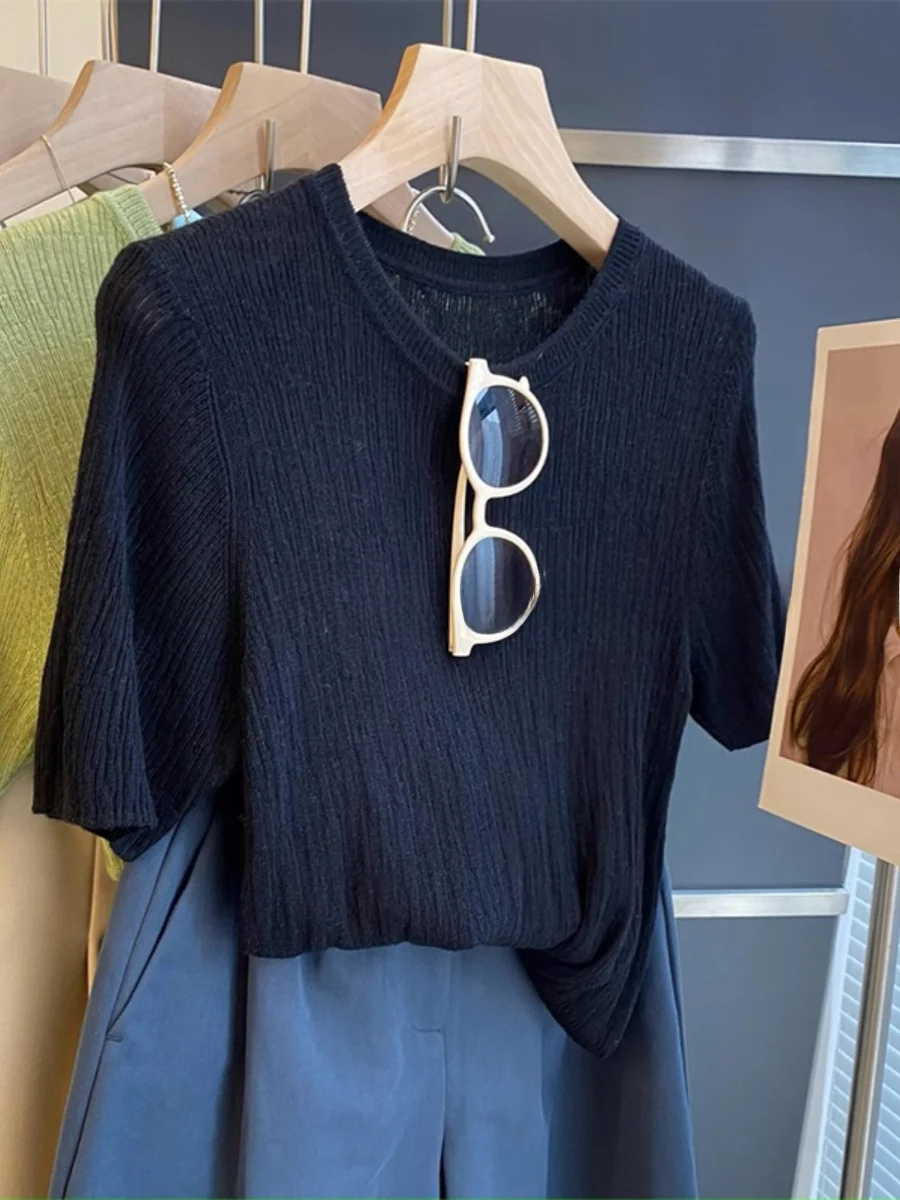 Женская футболка с коротким рукавом и круглым вырезом летняя Однотонная из