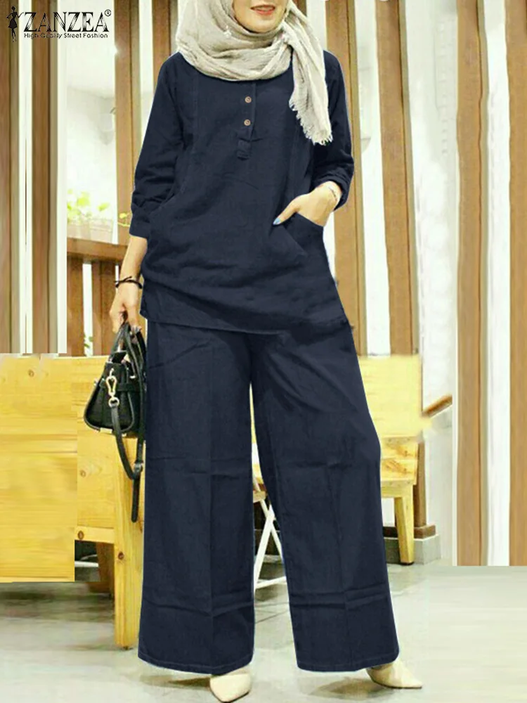 

ZANZEA Vintage Casual Holiday Dubai Turkey Abaya Suit Tracksuit Autumn Solid Muslim Sets 3/4 Sleeve O-Neck Blouse Wide Leg Pant