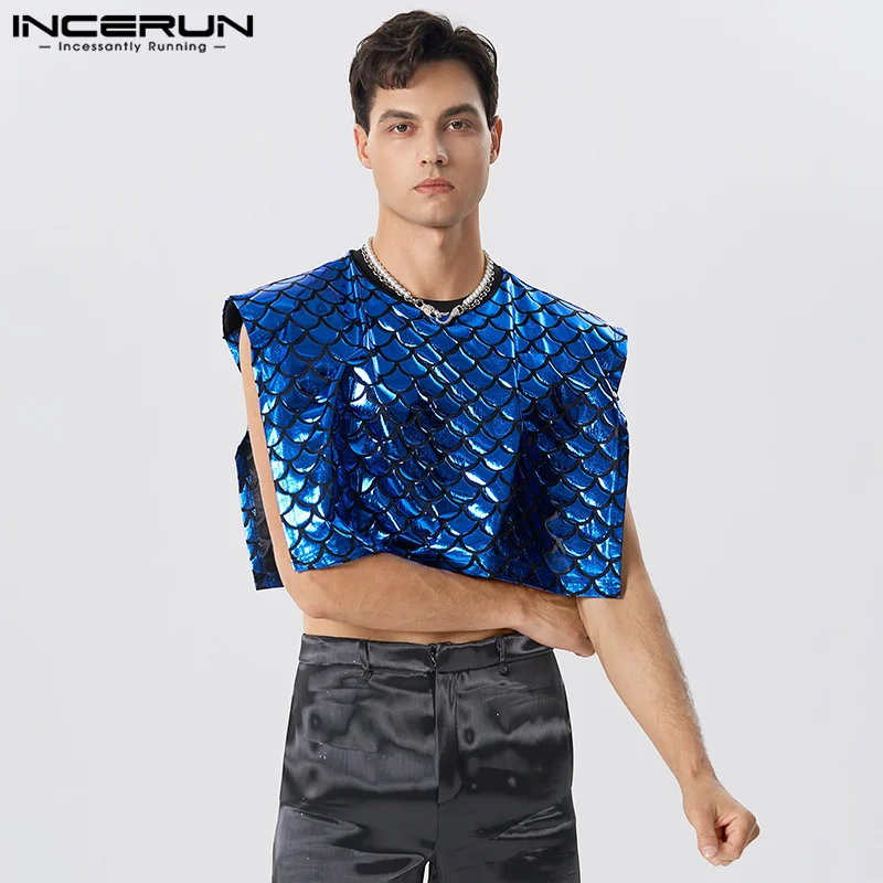 

INCERUN Men Tank Tops Sparkling O-neck Sleeveless Split Irregular Vests Men Streetwear Sexy 2023 Party Fashion Crop Tops S-5XL