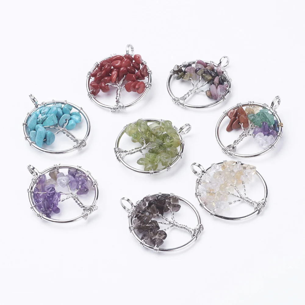 

Natural & Synthetic Mixed Stone Pendants, with Brass Findings, Flat Round with Tree of Life, Platinum, 29x5~7mm, Hole: 4.5mm