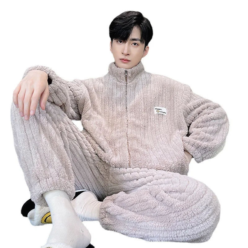 2022 Thick Flannel Men's Pajamas Set Autumn Winter Plus Velvet Thicken Long Sleeves Sleepwear Zip Nightgown Warm Lounge Wear Set