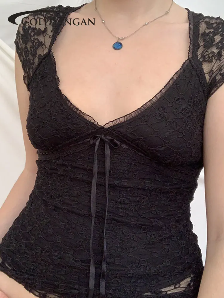 

Женский Кружевной укороченный топ с бантом, с коротким рукавом