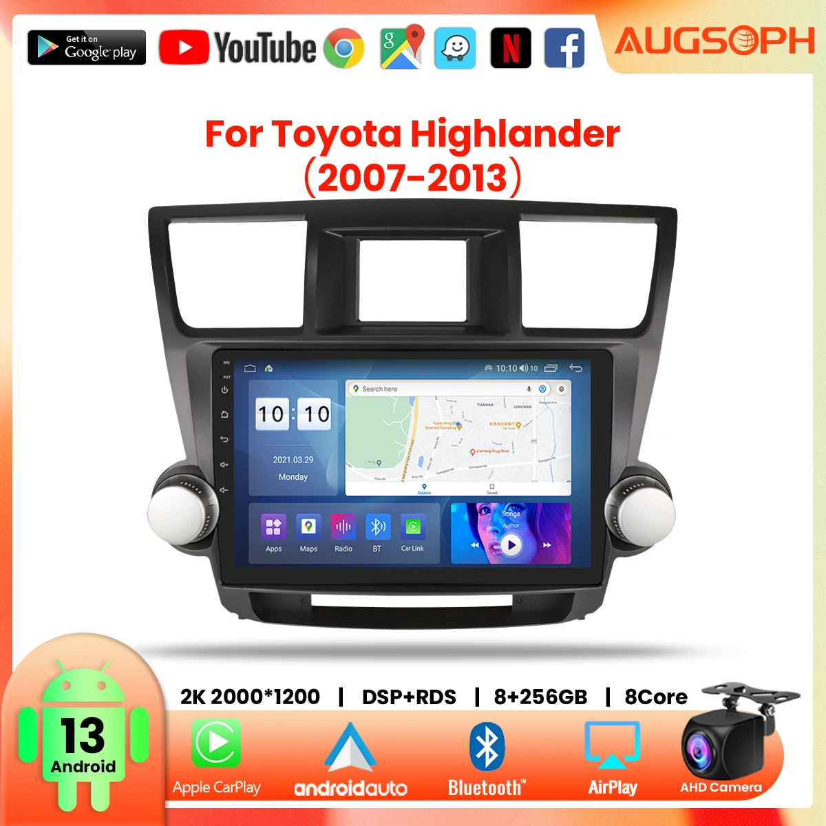 

Android 13 Car Radio for Toyota Highlander 2007-2013, 10inch 2K Multimedia Player with 4G Car Carplay & 2Din GPS Navigation.